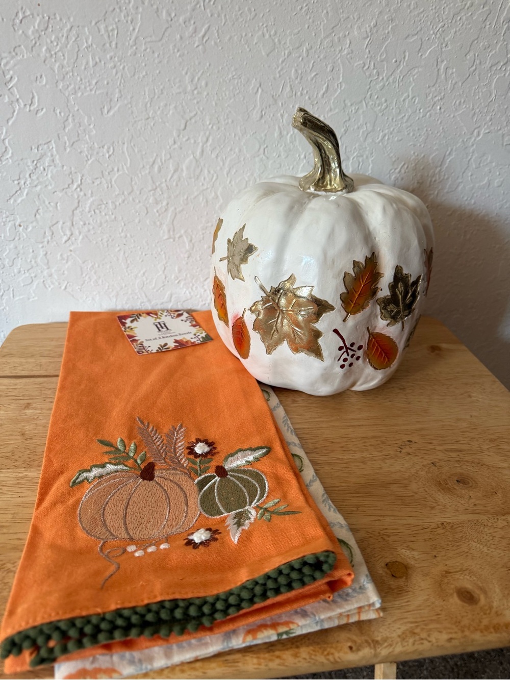 White Pumpkin with Gold Leaf Accents - Seasonal Home Dining Decor